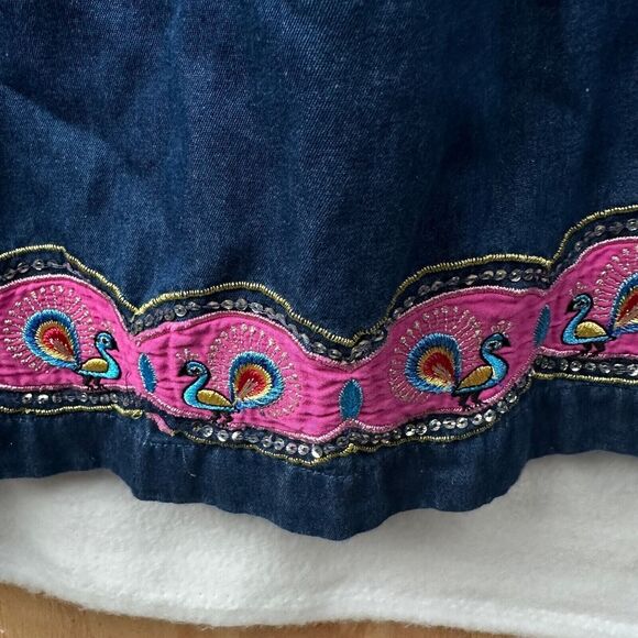 Go Softly Patio Embroidered Peacock Floral Denim Dress Size S Cotton Grandmacore - Picture 5 of 9